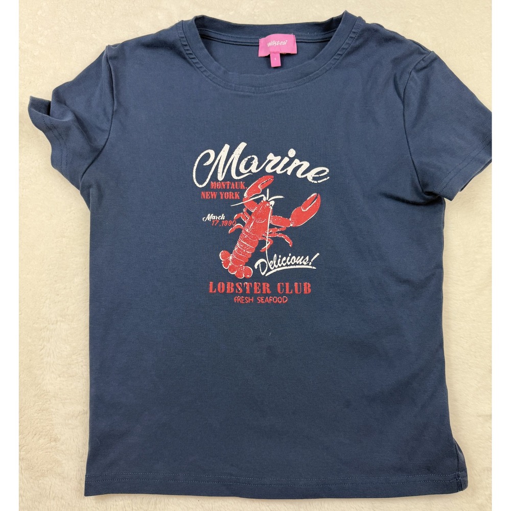 Edikted Marine Lobster Club Graphic Baby Tee Navy Blue Small Montauk NY